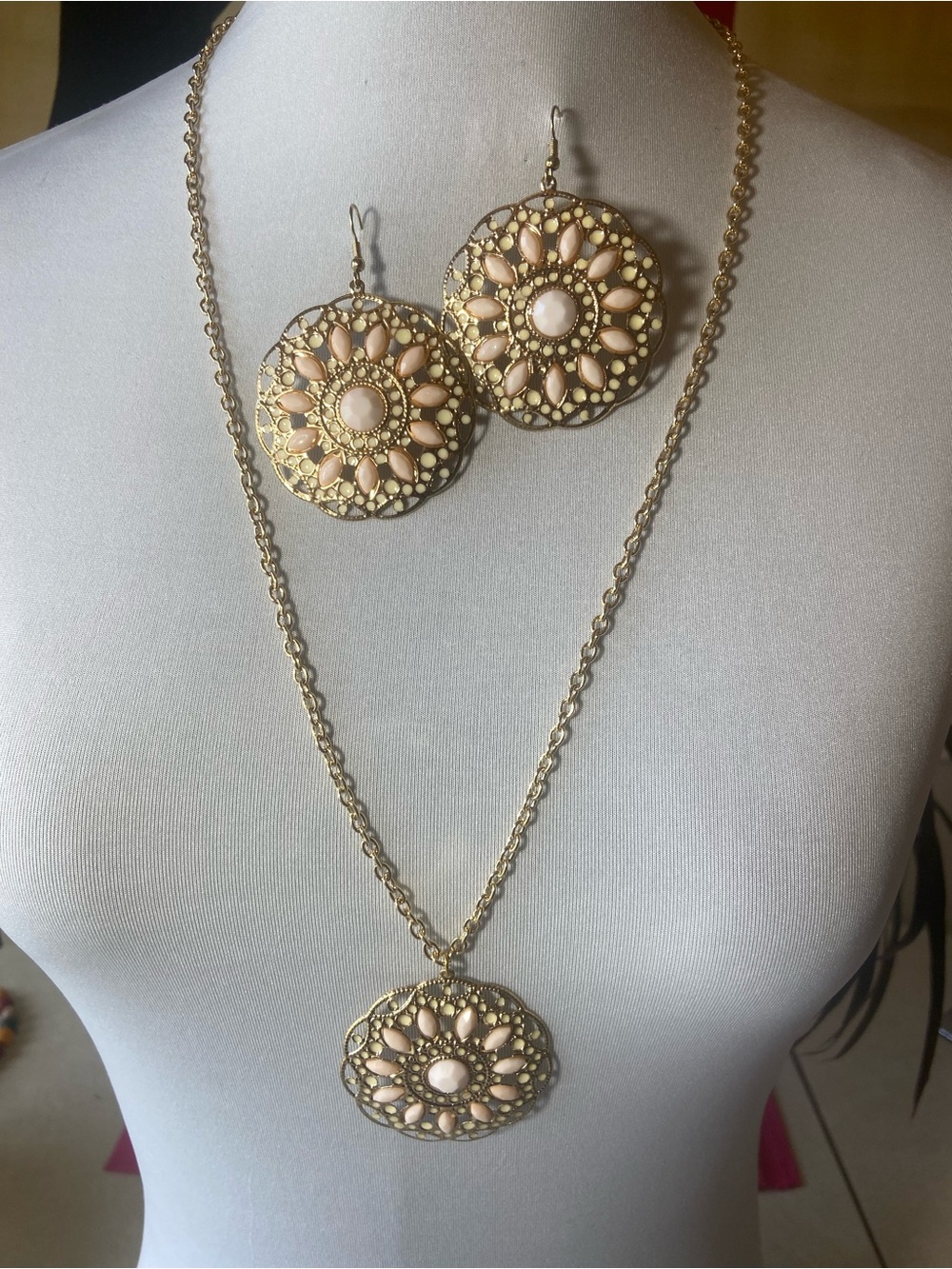 Gold-Tone Necklace and Earring Set with Blush Pink Floral Accents